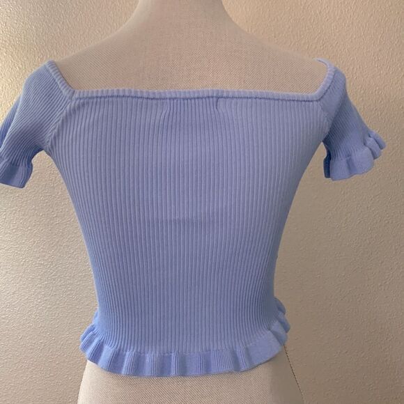 LULUS ribbed knit off the shoulder cropped top ruffled hemline periwinkle blue - Picture 2 of 8